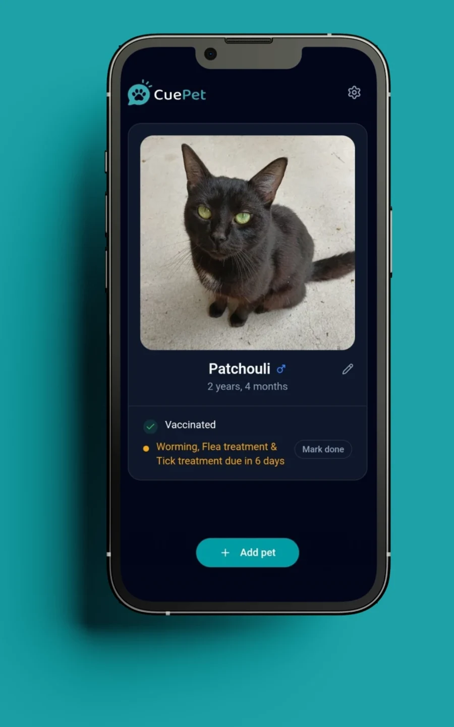 CuePet home screen showing a cat named Patchouli, vaccinated, with a worming, flea and tick treatment due in 6 days
